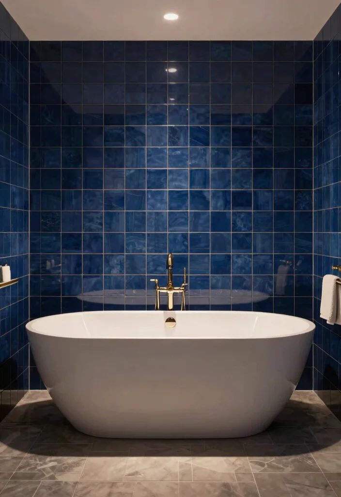 15 Dark Blue Bathroom Tile Ideas With Moody Elegance - 15. Statement Bathtub with Dark Blue Surround 1