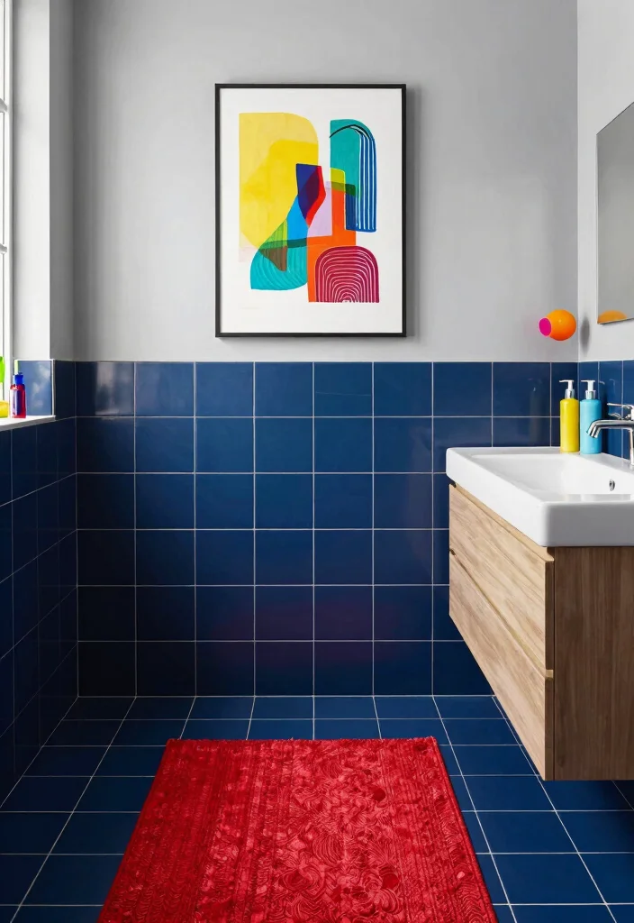 15 Dark Blue Bathroom Tile Ideas With Moody Elegance - 3. Bold Color Blocking 1