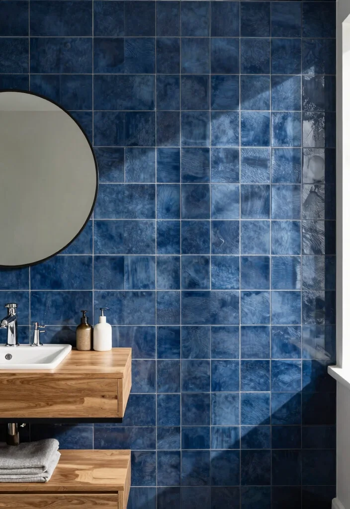 15 Dark Blue Bathroom Tile Ideas With Moody Elegance - 4. Textured Ceramic Tile Walls 1