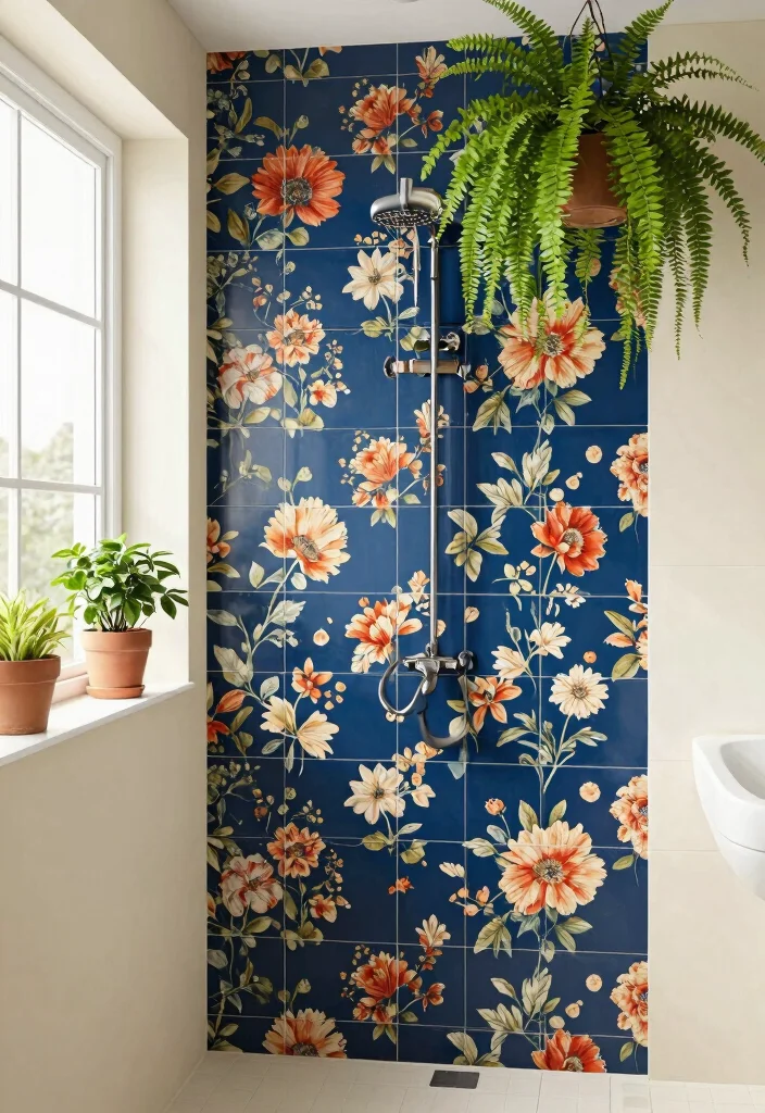 15 Dark Blue Bathroom Tile Ideas With Moody Elegance - 6. Accent Wall with Bold Prints 1