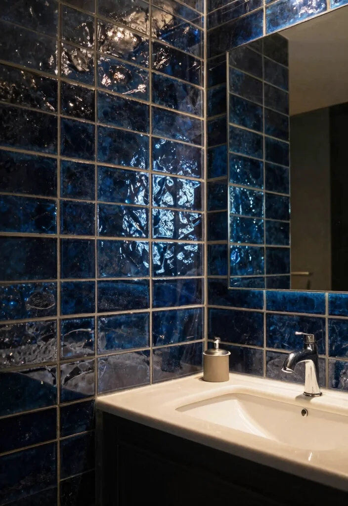 15 Dark Blue Bathroom Tile Ideas With Moody Elegance - 8. Shimmering Glass Tiles 1