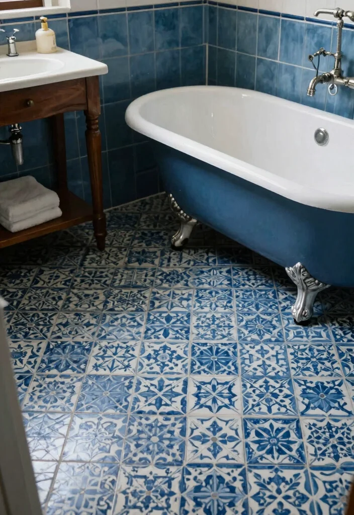 15 Dark Blue Bathroom Tile Ideas With Moody Elegance - 9. Vintage-Inspired Patterns 1