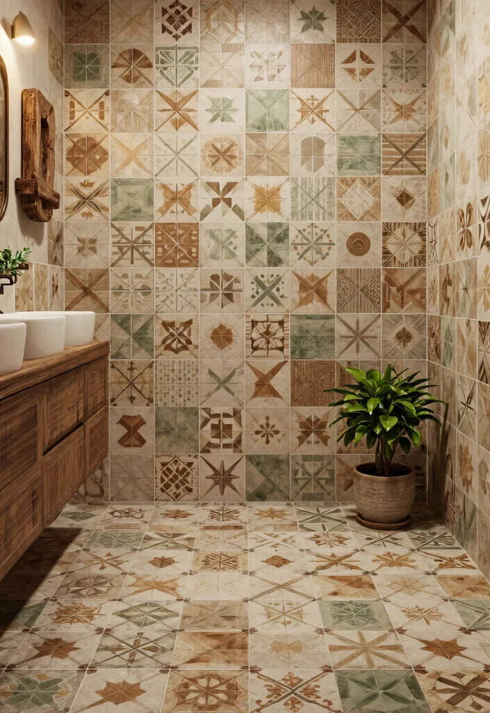 15 Mid Century Modern Bathroom Tile Ideas With Retro Cool - 1. Geometric Patterns in Earthy Tones 1