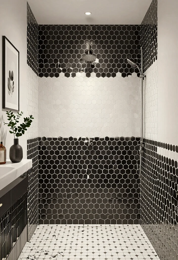 16 Hexagon Tile Bathroom Ideas With Modern Geometry - 1. Chic Monochrome Elegance 1