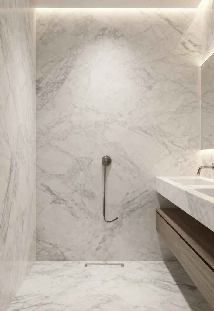 16 Hexagon Tile Bathroom Ideas With Modern Geometry - 12. Luxurious Marble Hexagon Tiles 1