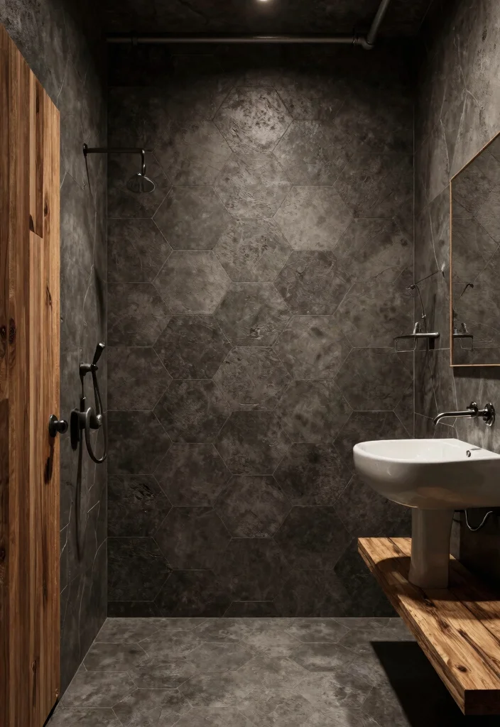 16 Hexagon Tile Bathroom Ideas With Modern Geometry - 13. Industrial Chic Vibes 1