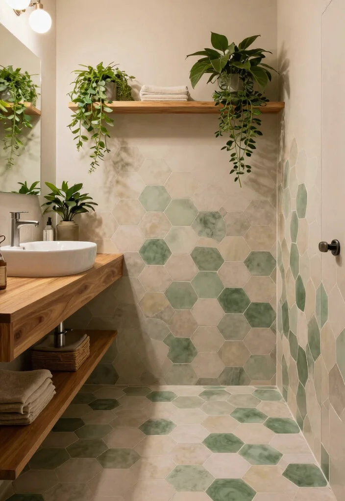16 Hexagon Tile Bathroom Ideas With Modern Geometry - 2. Nature-Inspired Earth Tones 1