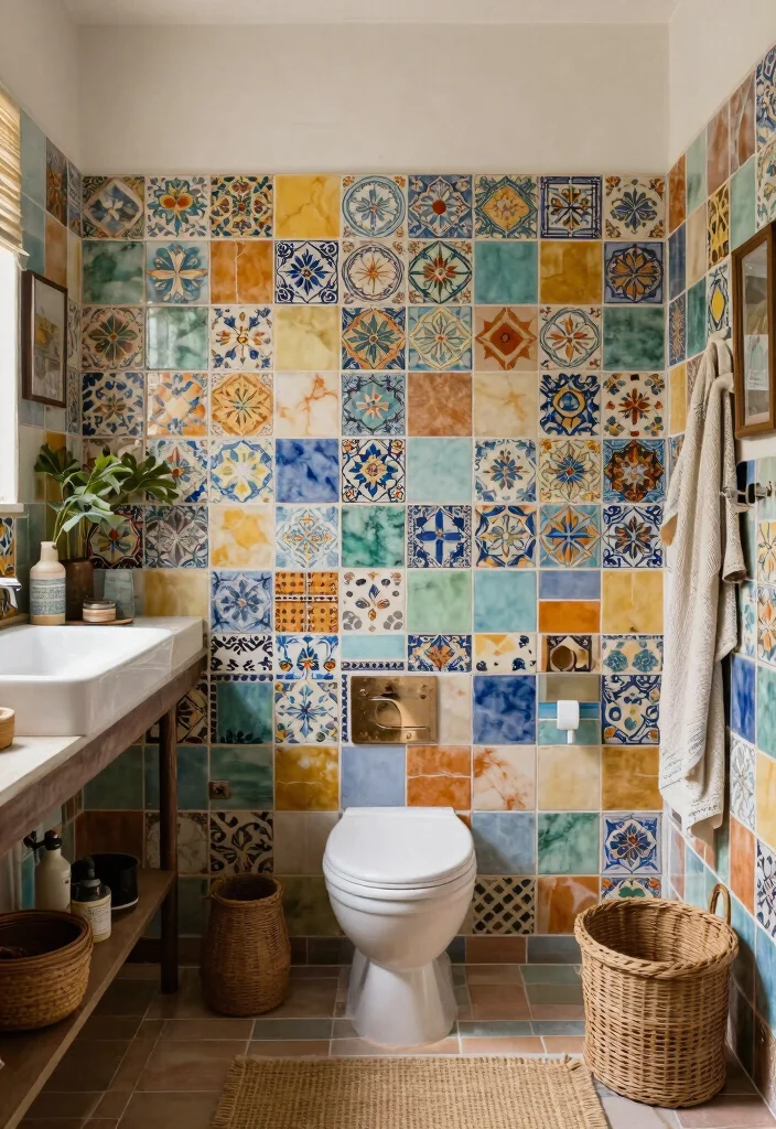 16 Painted Tile Bathroom Ideas Before And After Inspiration - 14. Eclectic Bohemian Mix 1