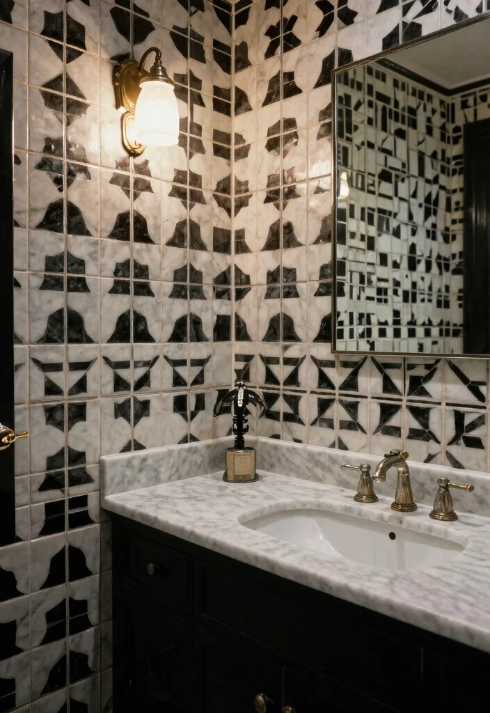 16 Painted Tile Bathroom Ideas Before And After Inspiration - 7. Vintage Black and White 1