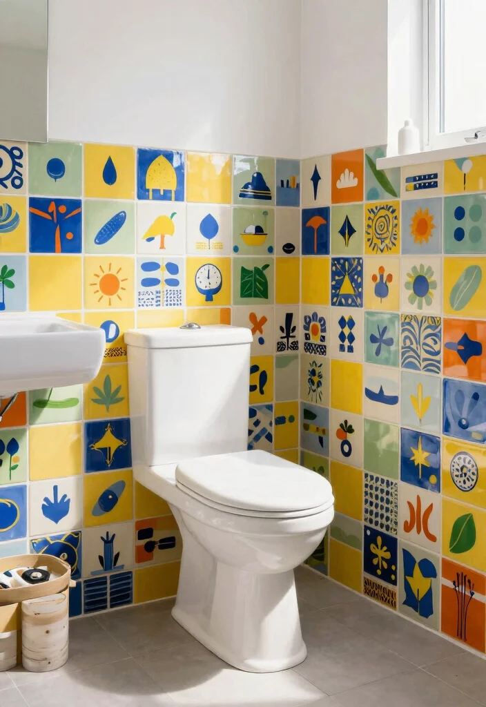16 Painted Tile Bathroom Ideas Before And After Inspiration - 9. Bright and Cheerful Patterns 1