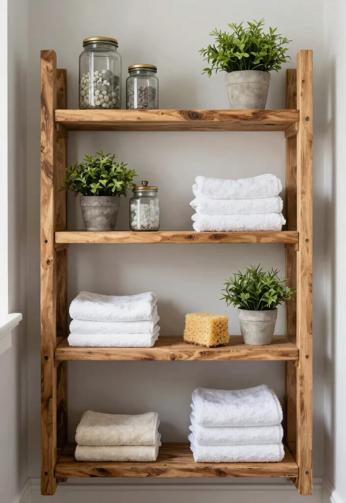 16 Rustic Bathroom Decor Ideas With Natural Warmth - 15. Natural Wood Shelving 1