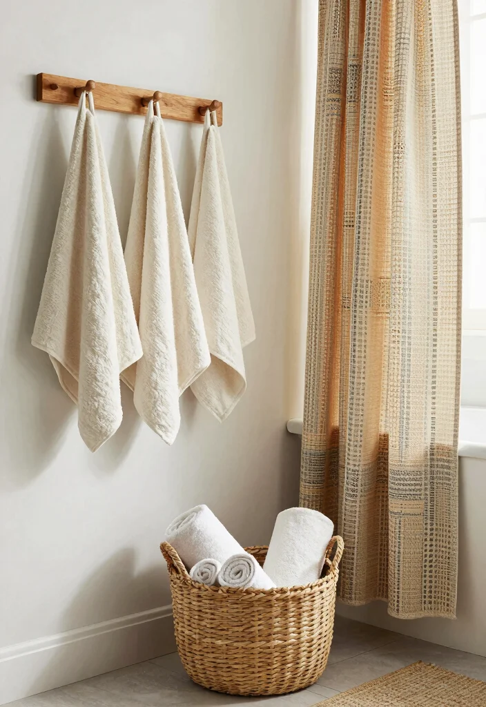 16 Rustic Bathroom Decor Ideas With Natural Warmth - 7. Woven Textiles 1