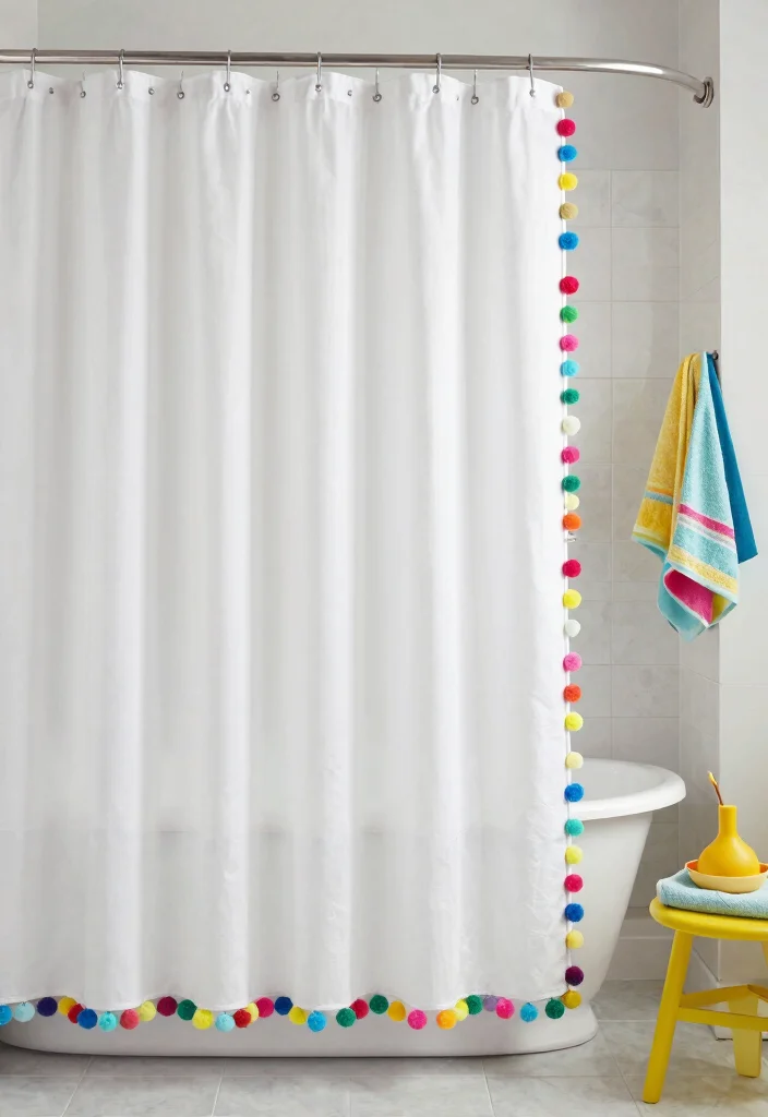 16 Shower Curtain Bathroom Decor Ideas That Refresh The Space - 12. Colorful Pom-Pom Accents 1