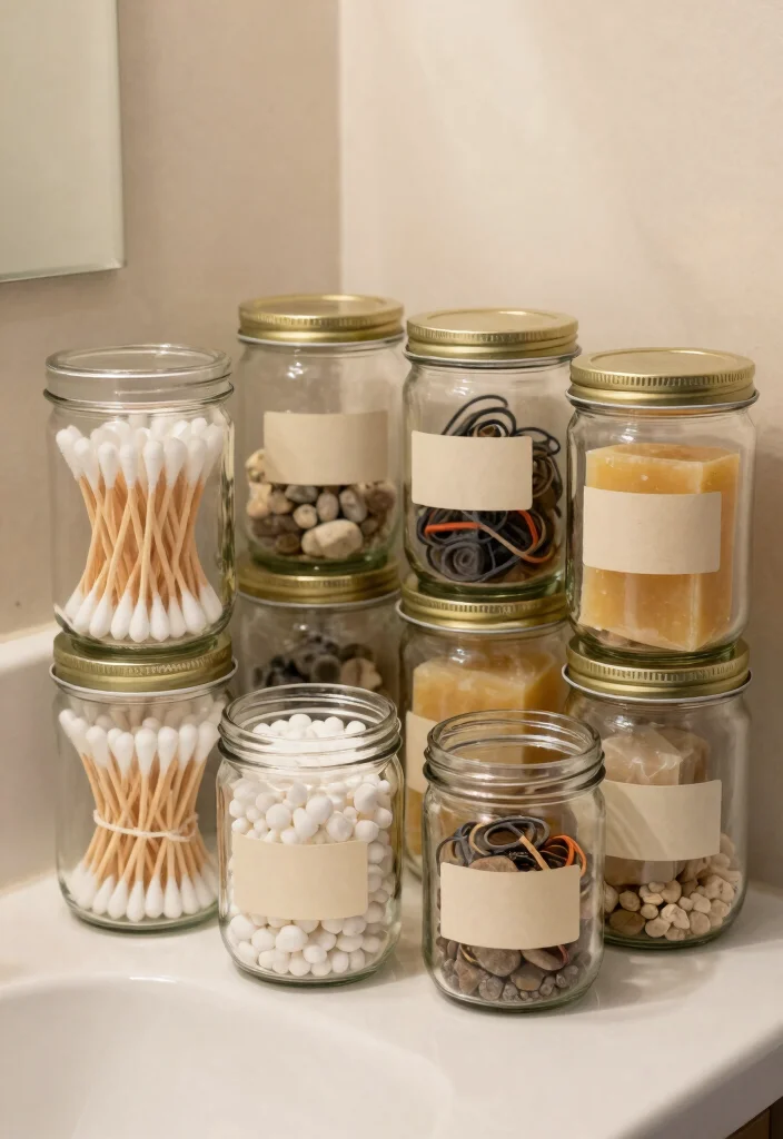 16 Under Bathroom Sink Organization Ideas That Work - 1. Repurposed Glass Jars 1