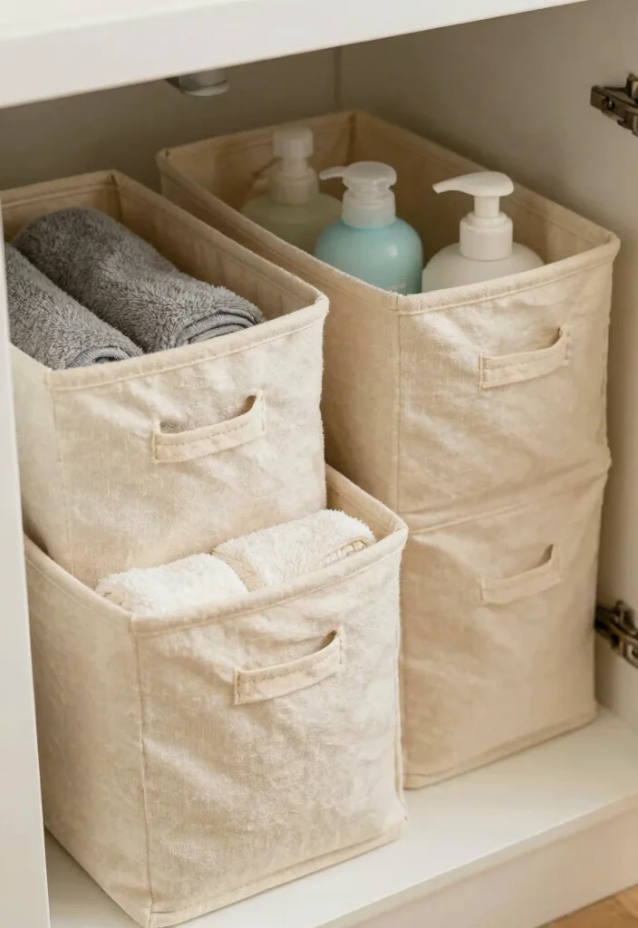 16 Under Bathroom Sink Organization Ideas That Work - 10. Natural Fabric Storage Bins 1