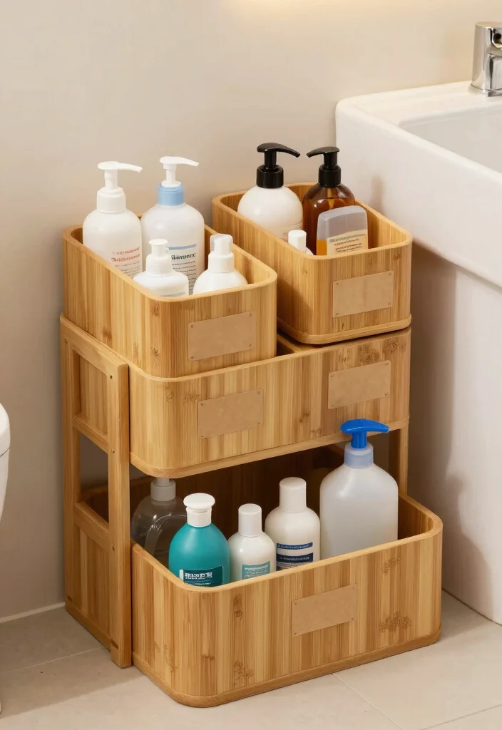 16 Under Bathroom Sink Organization Ideas That Work - 2. Stackable Bamboo Bins 1