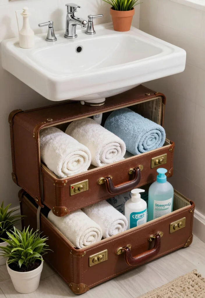 16 Under Bathroom Sink Organization Ideas That Work - 5. Vintage Suitcases 1