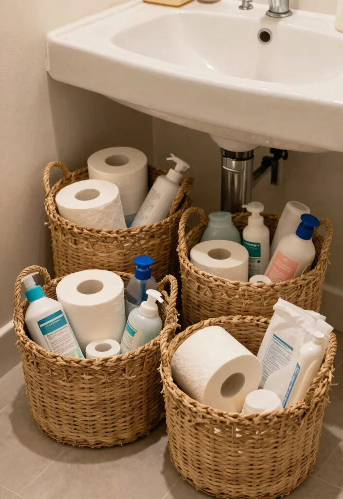 16 Under Bathroom Sink Organization Ideas That Work - 7. Woven Baskets 1