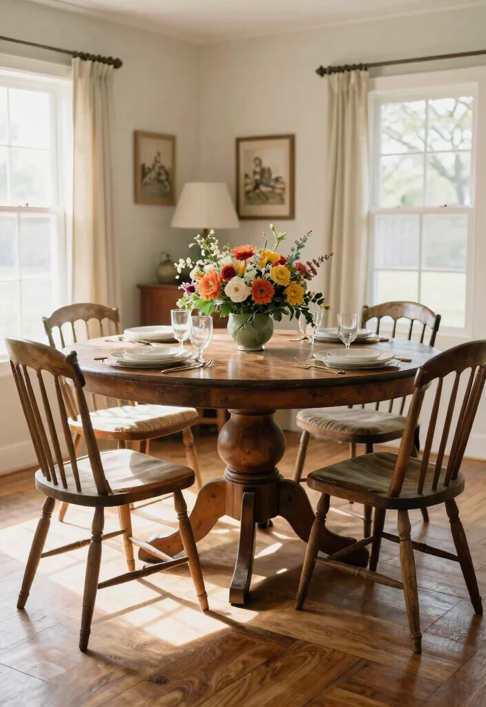 12 Farmhouse Dining Table Ideas That Seat More Than Four - 4. Round Farmhouse Table with Lazy Susan 1