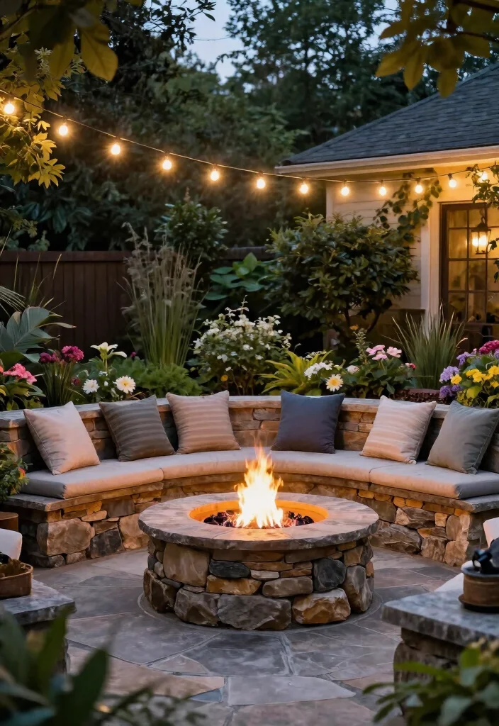 12 Firepits Backyard Ideas for Small Spaces and Tight Budgets - 5. Stone Firepit with Seating Wall 1