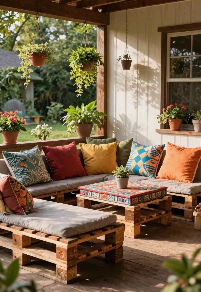 12 Front Porch Seating Ideas for Narrow and Shallow Porches - 7. Rustic Pallet Seating 1