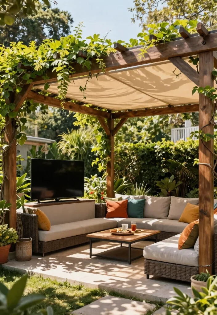 12 Outdoor TV Area Ideas That Protect Screens From Glare and Rain - 1. Pergola with a Retractable Canopy 1