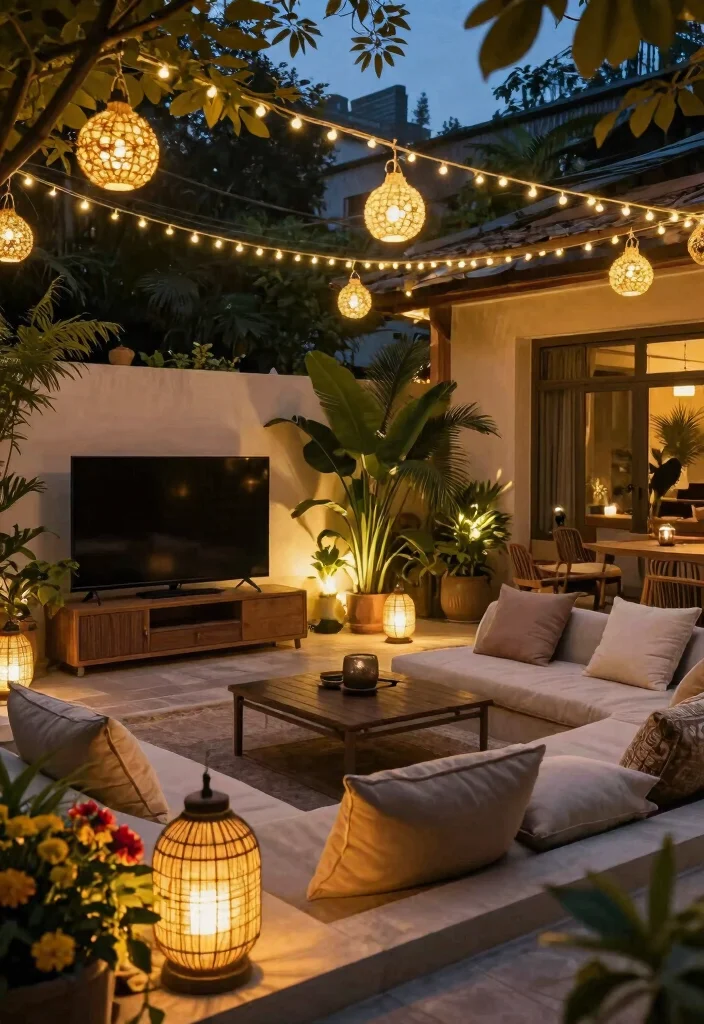 12 Outdoor TV Area Ideas That Protect Screens From Glare and Rain - 11. Outdoor Lighting for Ambiance 1