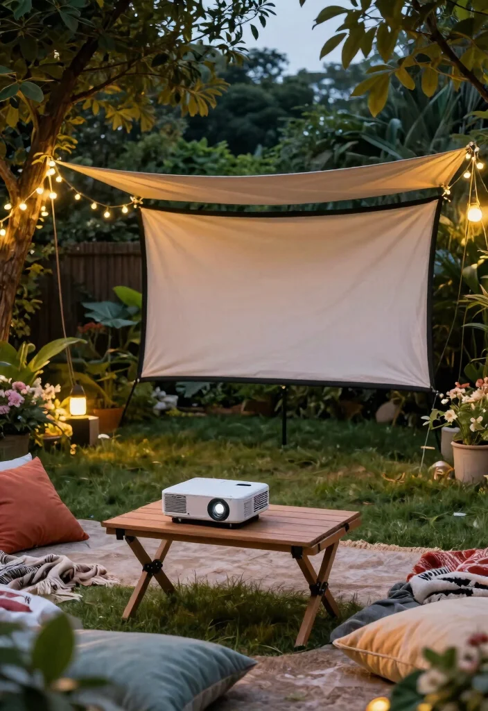 12 Outdoor TV Area Ideas That Protect Screens From Glare and Rain - 4. Outdoor Film Projector with Canvas Screen 1
