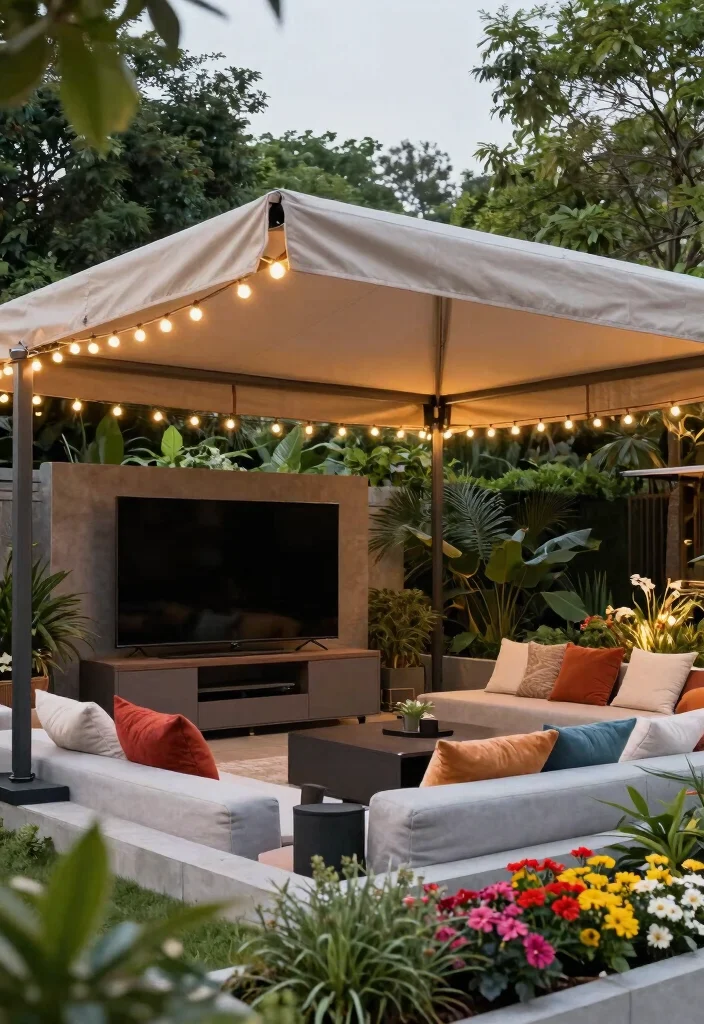 12 Outdoor TV Area Ideas That Protect Screens From Glare and Rain - 6. Canopy Installation Over TV Area 1