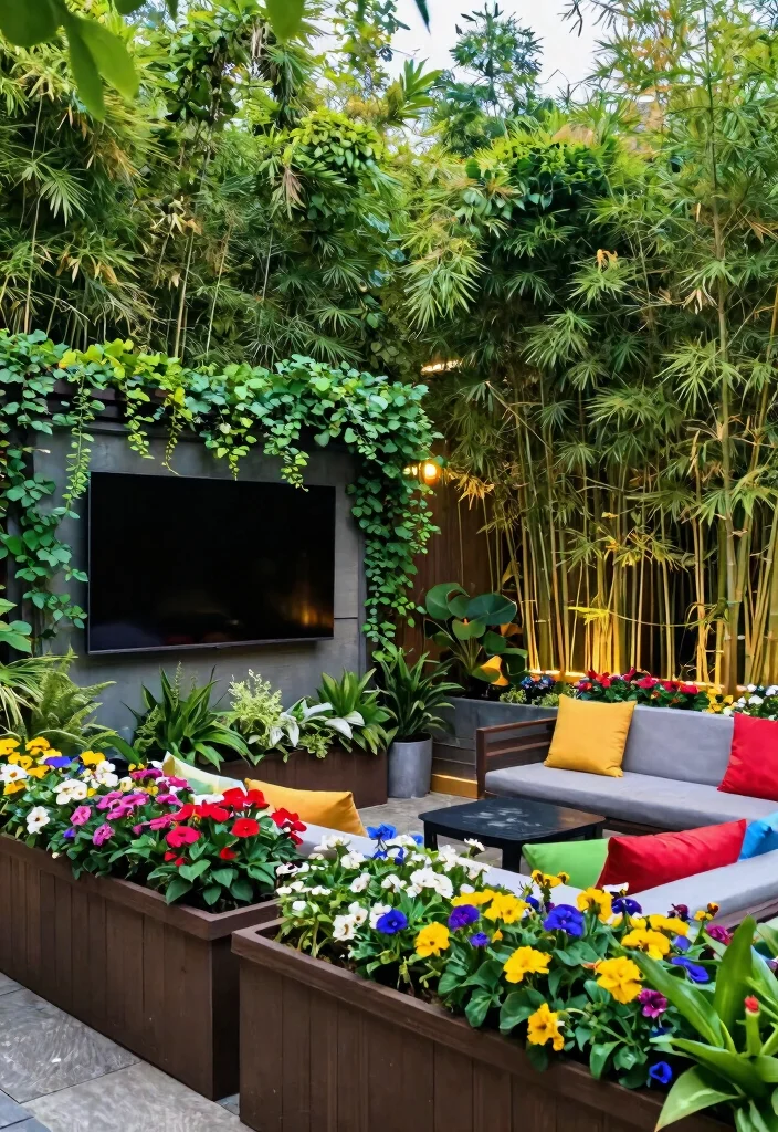 12 Outdoor TV Area Ideas That Protect Screens From Glare and Rain - 7. Greenery and Plant Coverings 1
