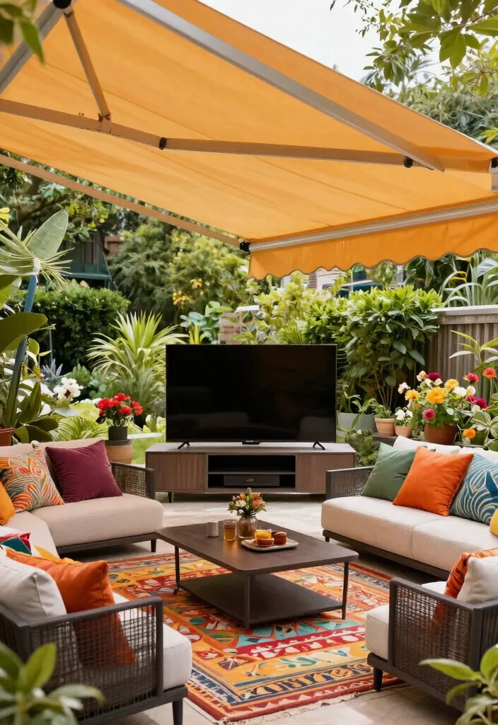 12 Outdoor TV Area Ideas That Protect Screens From Glare and Rain - 8. Retractable Awning for Flexibility 1