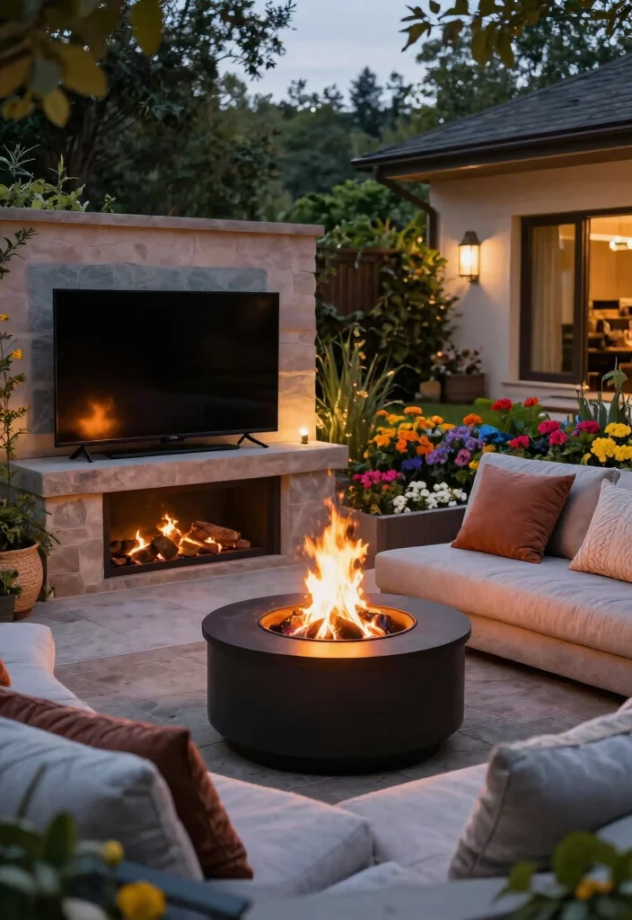12 Outdoor TV Area Ideas That Protect Screens From Glare and Rain - 9. Cozy Fire Pit Surrounding 1