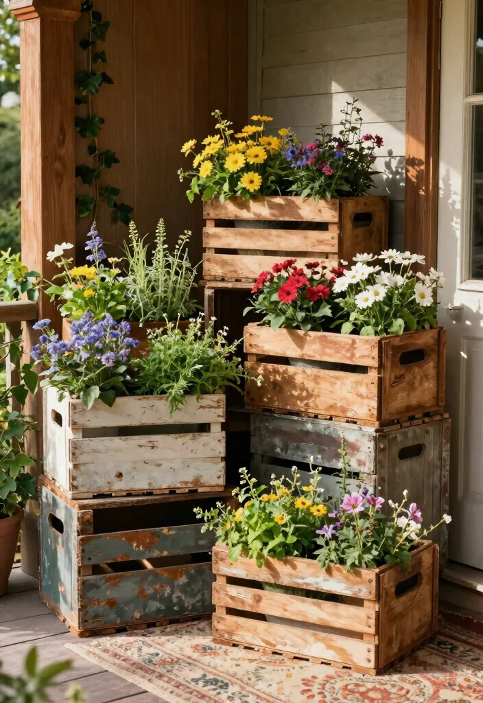 12 Vintage Porch Decor Ideas That Look Collected - 1. Repurposed Vintage Crates 1