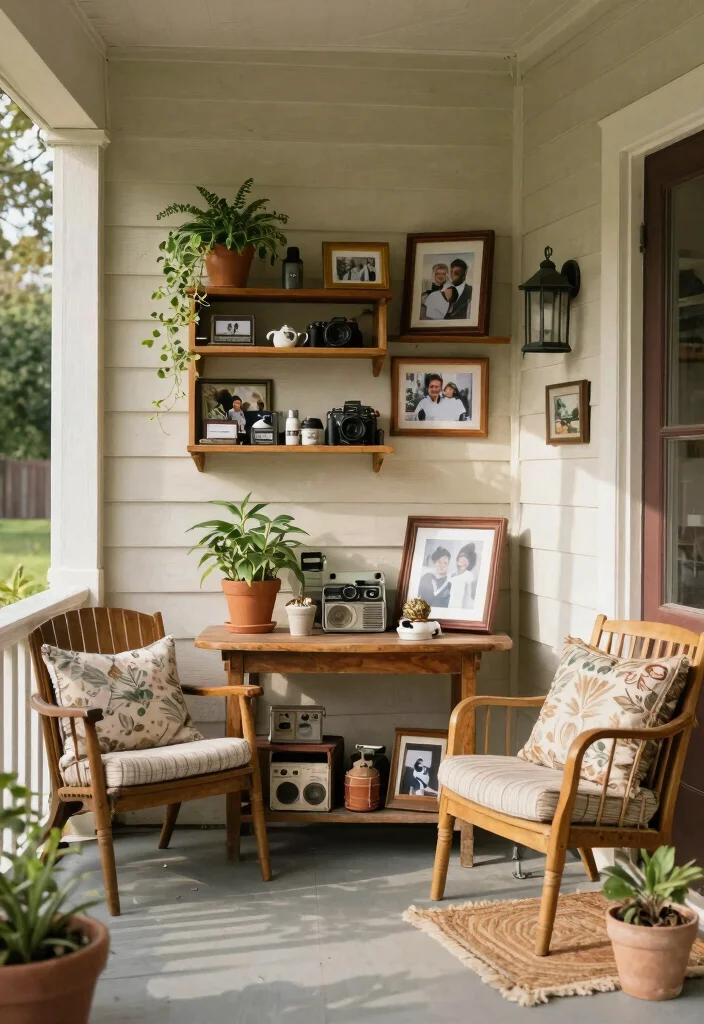 12 Vintage Porch Decor Ideas That Look Collected - 11. Personal Touches with Vintage Memorabilia 1