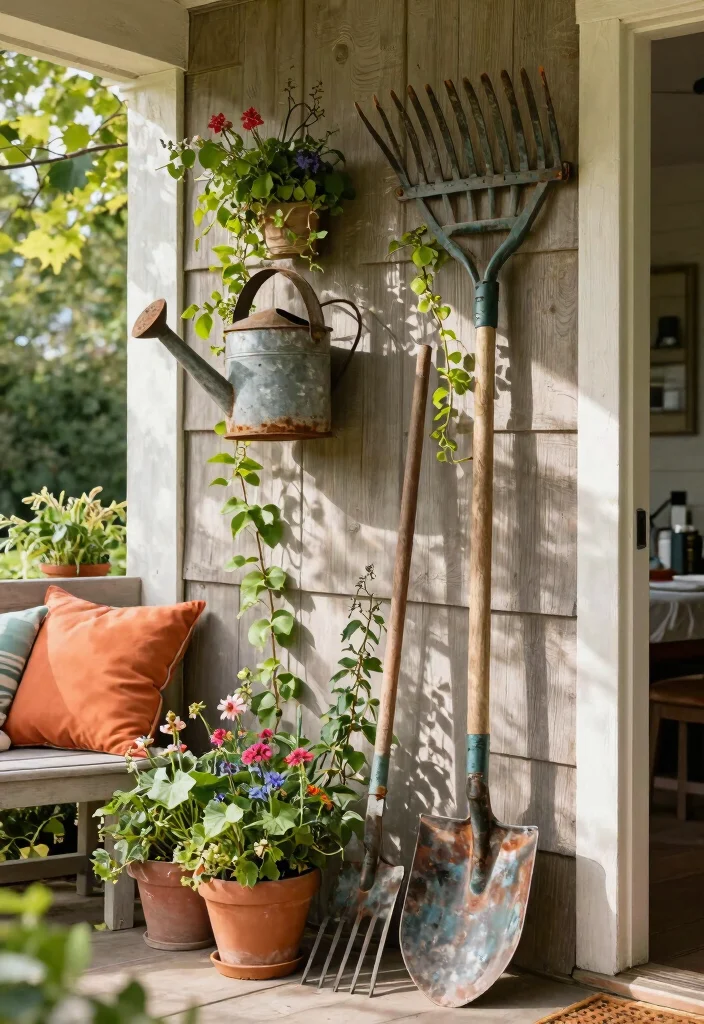 12 Vintage Porch Decor Ideas That Look Collected - 2. Antique Garden Tools as Decor 1