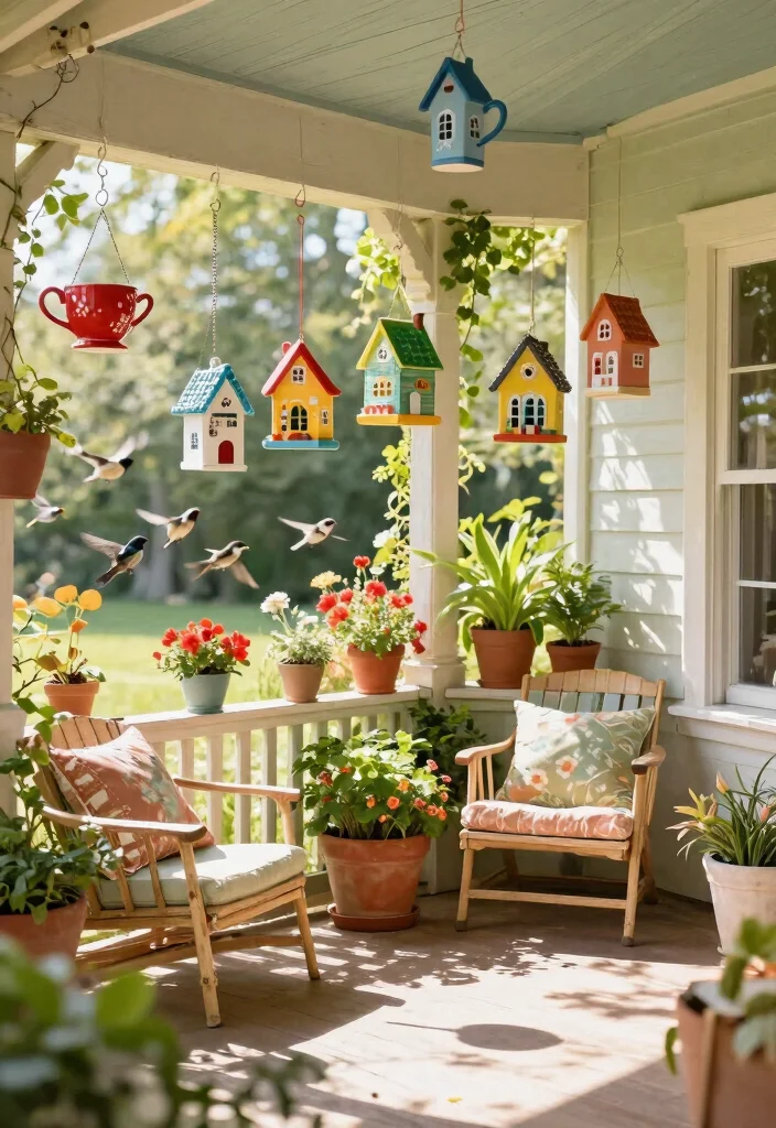 12 Vintage Porch Decor Ideas That Look Collected - 6. Whimsical Bird Feeders 1