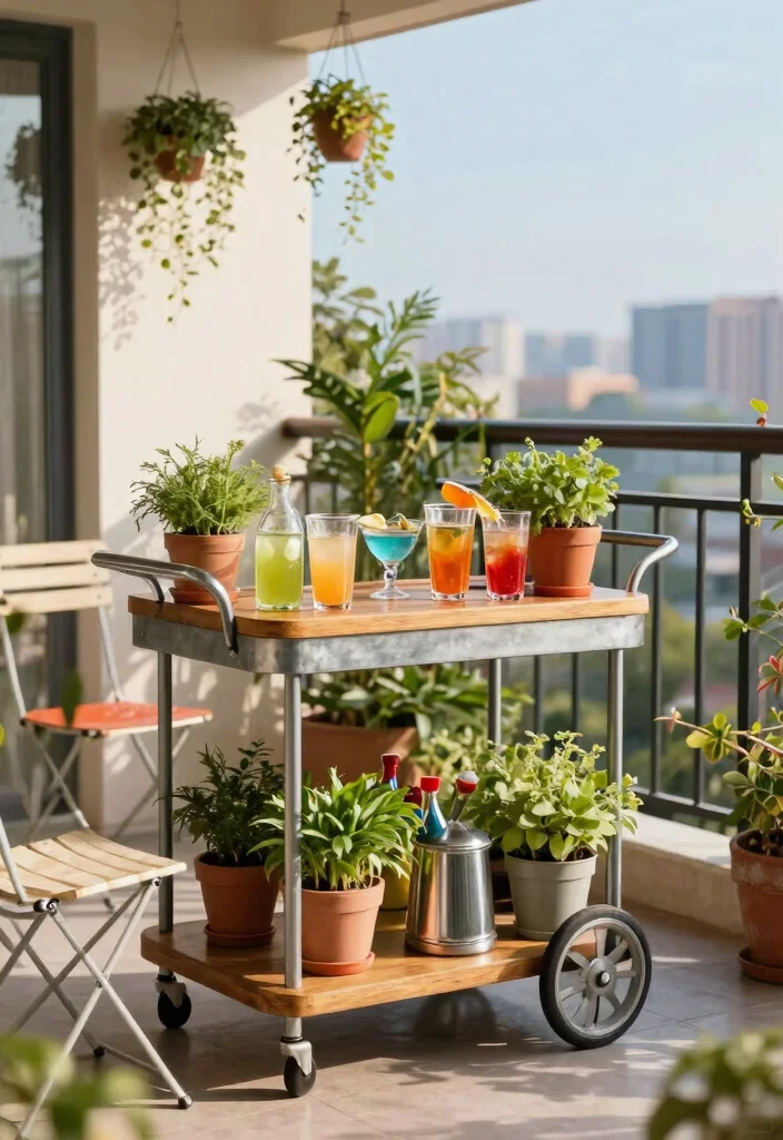 14 Balcony Bar Ideas for Small Spaces Without Permanent Install - 1. Rolling Bar Cart Delight 1