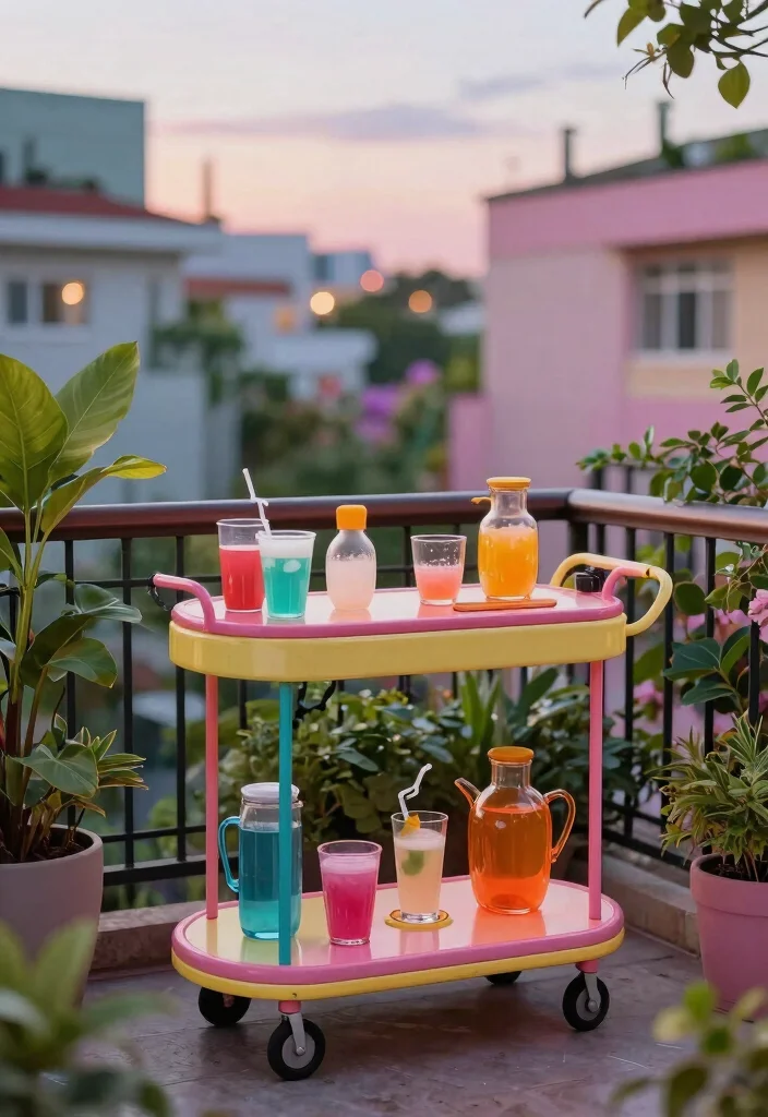 14 Balcony Bar Ideas for Small Spaces Without Permanent Install - 10. Colorful Trolley Bar 1