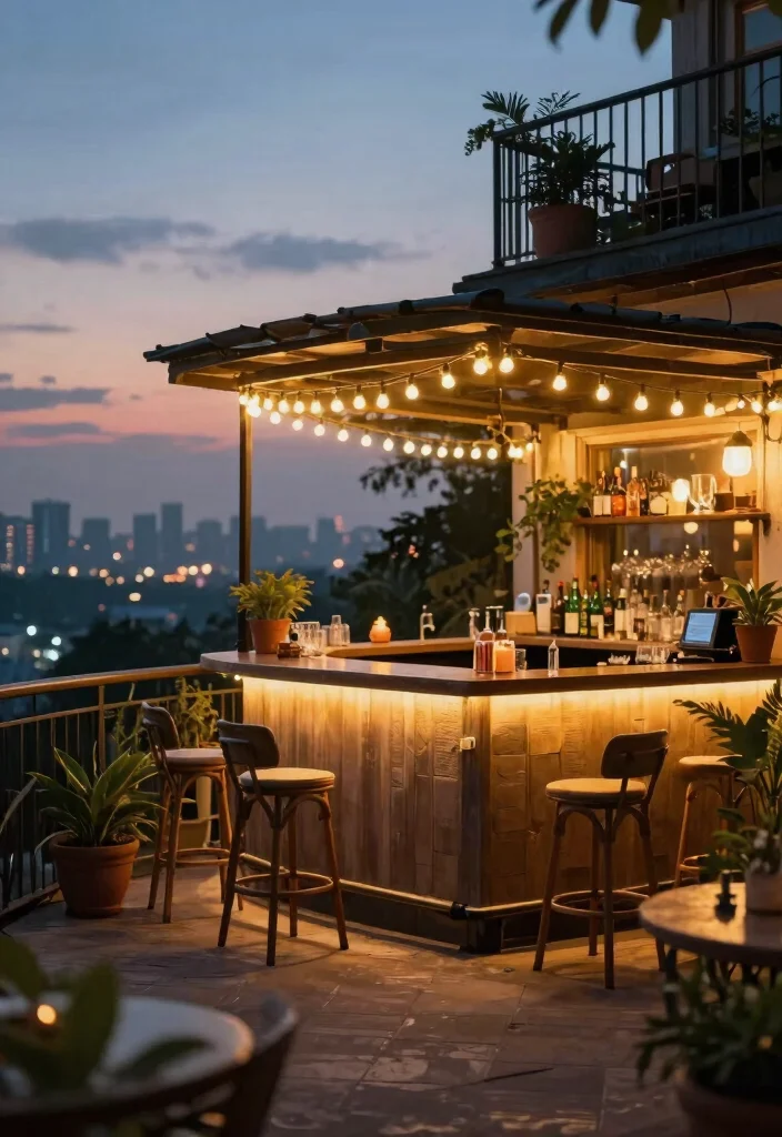 14 Balcony Bar Ideas for Small Spaces Without Permanent Install - 11. Balcony Bar with String Lights 1
