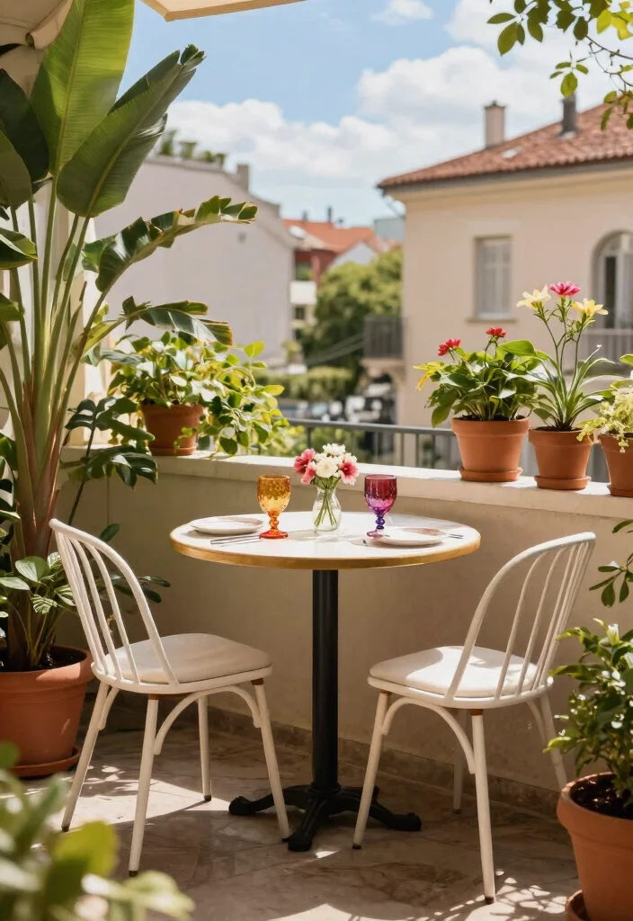 14 Balcony Bar Ideas for Small Spaces Without Permanent Install - 7. Bistro Table with Greenery 1