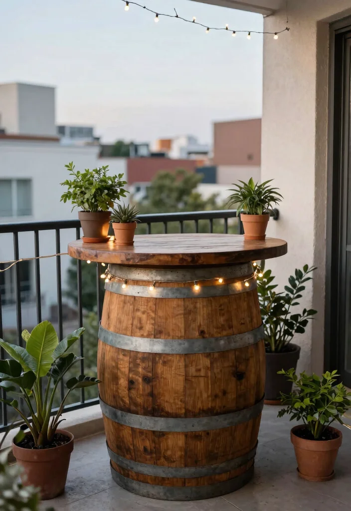 14 Balcony Bar Ideas for Small Spaces Without Permanent Install - 8. Upcycled Barrel Bar 1