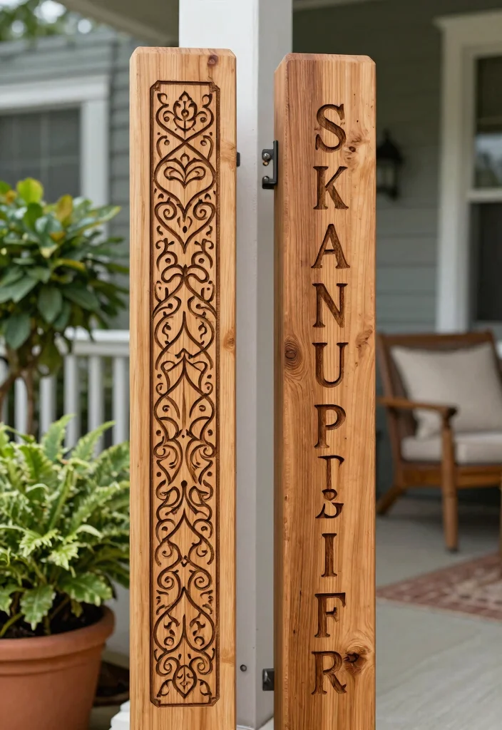14 Cedar Porch Post Ideas That Add Curb Appeal and Support Structure - 10. Custom Engraved Cedar Posts 1