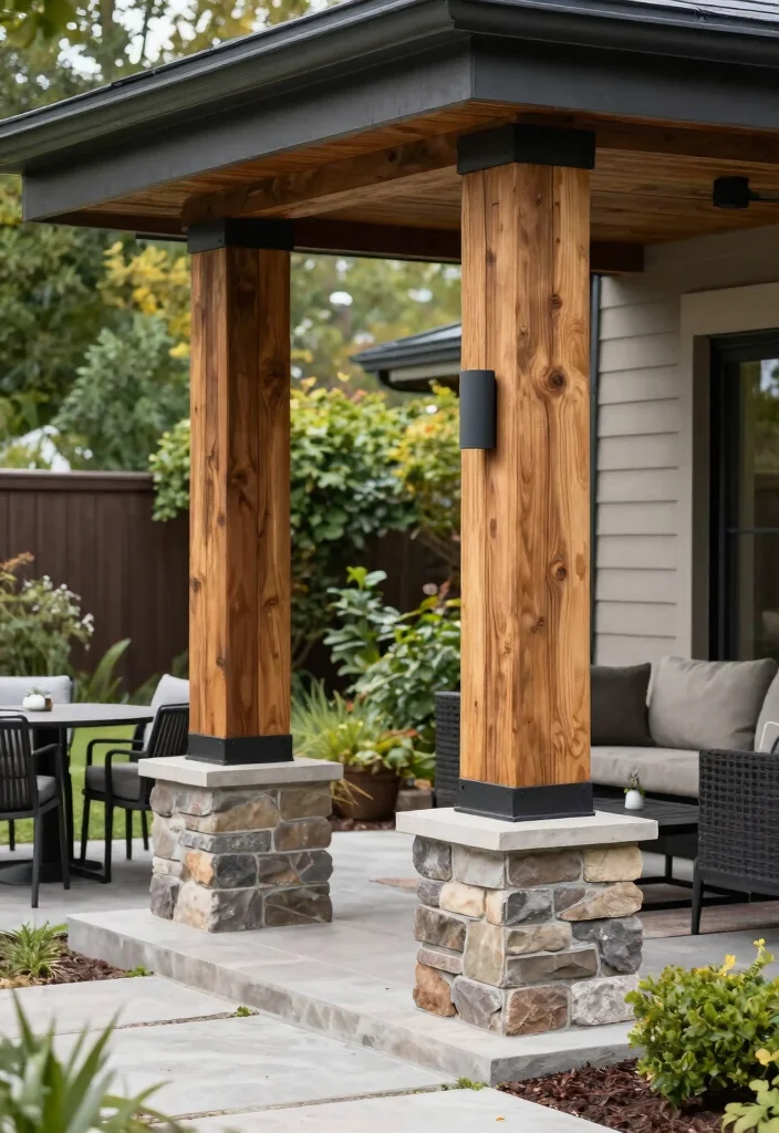 14 Cedar Porch Post Ideas That Add Curb Appeal and Support Structure - 11. Mixed Material Cedar Posts 1