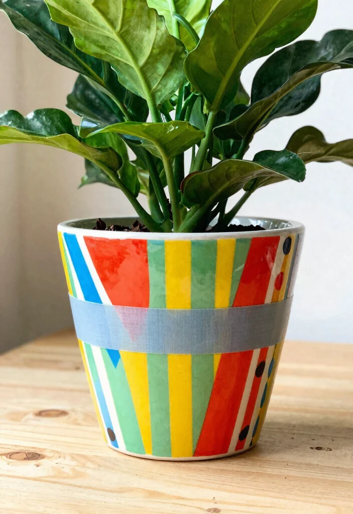 14 Ceramic Flower Pot Concepts That Add Color Without Painting - 10. Playful Patterns with Tape 1