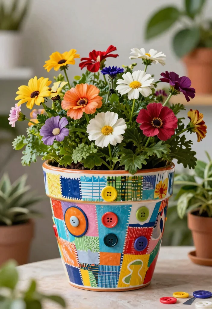 14 Ceramic Flower Pot Concepts That Add Color Without Painting - 12. Mixed Media Collage 1