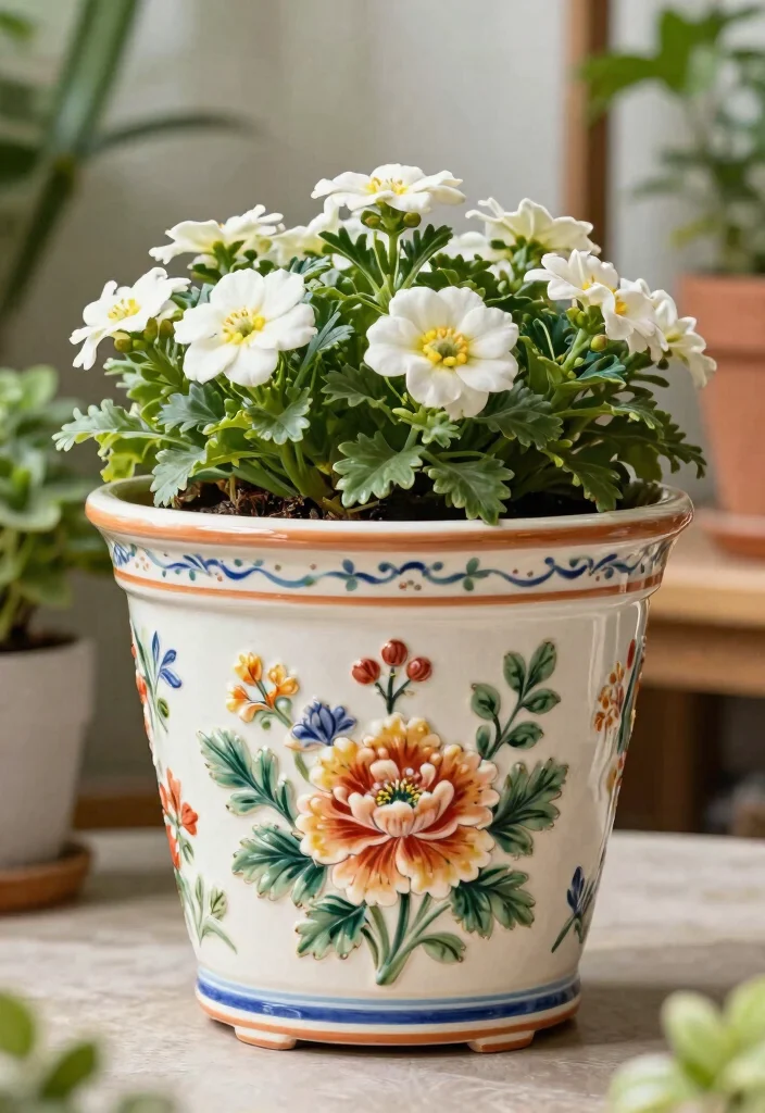 14 Ceramic Flower Pot Concepts That Add Color Without Painting - 13. Stenciled Designs 1