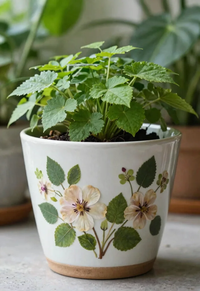 14 Ceramic Flower Pot Concepts That Add Color Without Painting - 14. Nature-Inspired Pressings 1