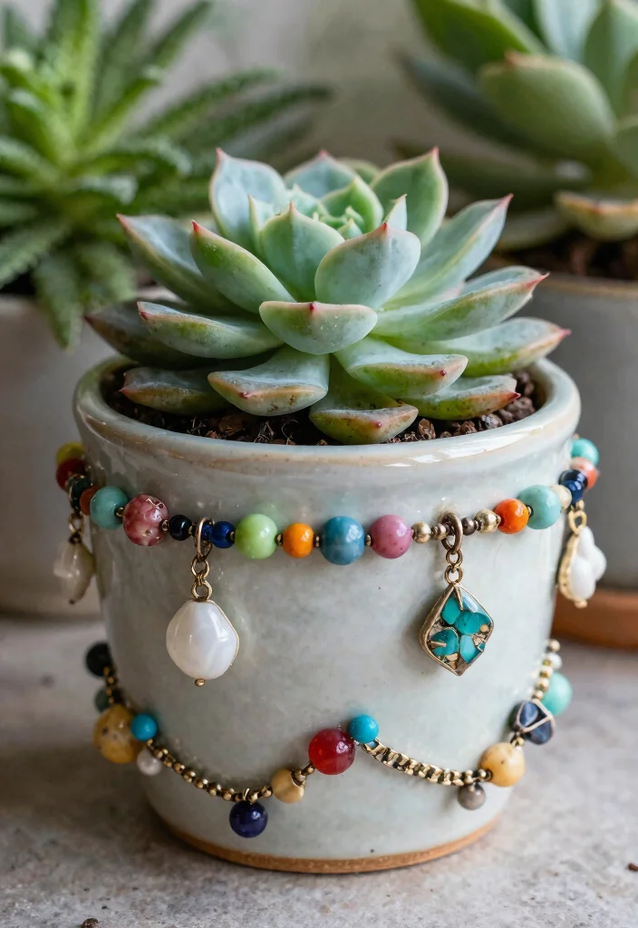 14 Ceramic Flower Pot Concepts That Add Color Without Painting - 5. Repurposed Jewelry 1