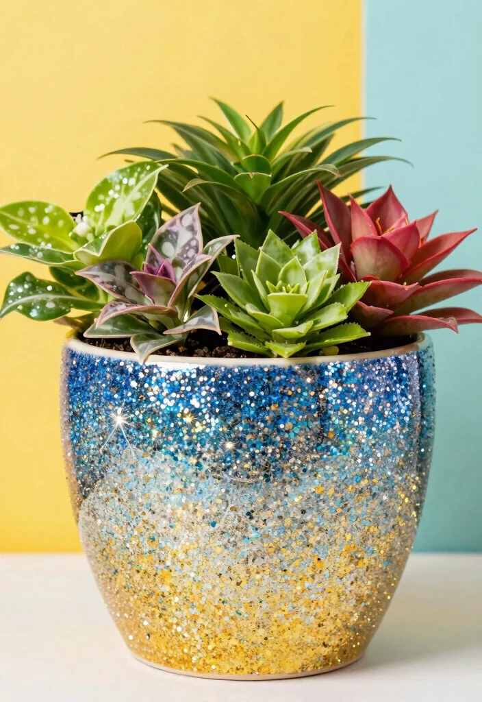 14 Ceramic Flower Pot Concepts That Add Color Without Painting - 7. Glitter Galore 1