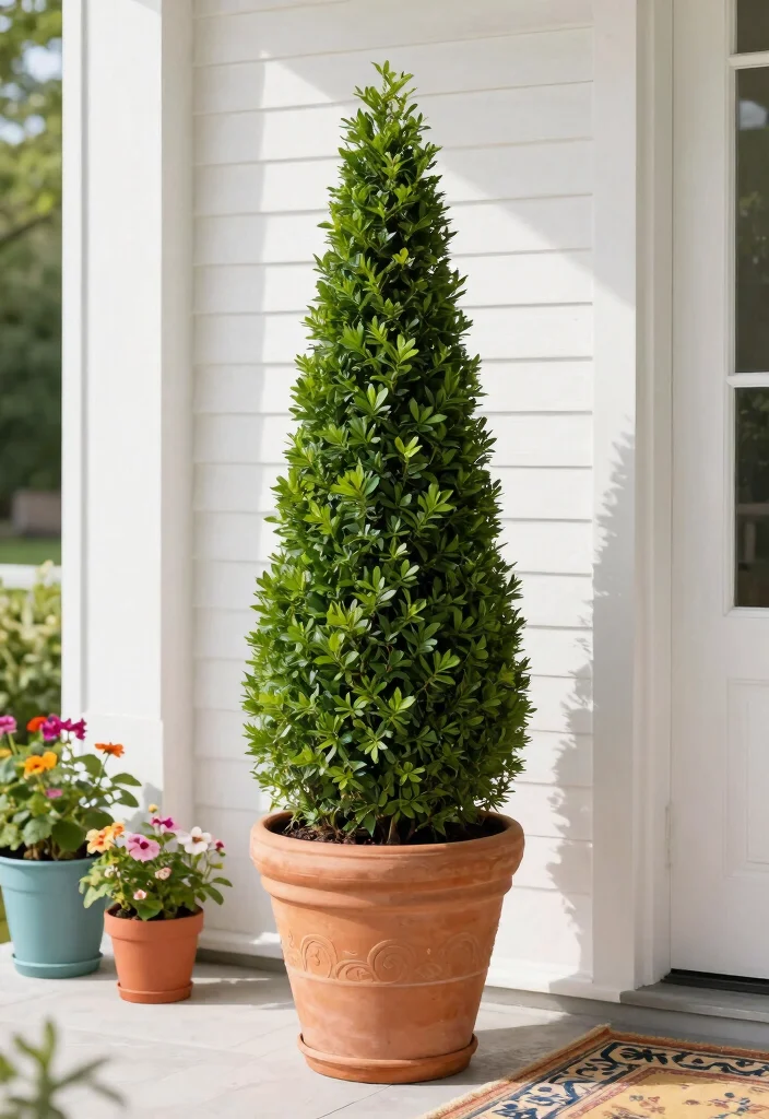 14 Front Porch Topiary Ideas That Stay Green Year-Round 2 14 Front Porch Topiary Ideas That Stay Green Year-Round - 1. Classic Cone Topiary 1